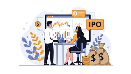 Business experts analyzing stock market charts and initial public offering data for investment strategy near bags of money.