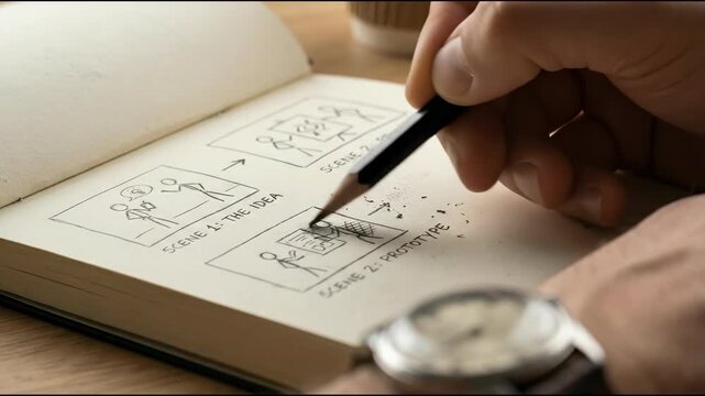 Human centered design concept sketch on notebook with pencil drawing storyboard and creative project planning for idea prototype scenes
