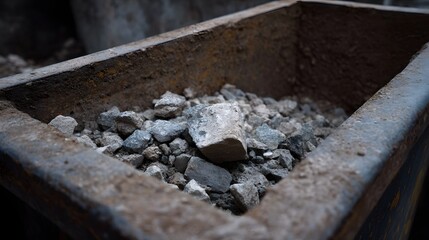 Fototapeta premium Rough concrete rubble and debris piled inside a weathered industrial dumpster