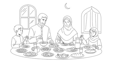 A family gathered around a table for a meal together in a medieval setting with architectural background