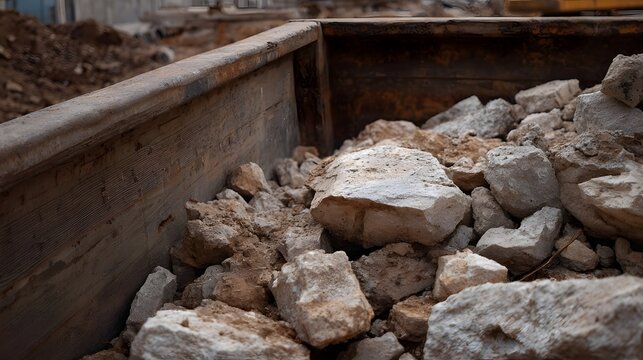 Close up of a weathered construction dumpster overflowing with rubble rocks and dirt symbolizing demolition and site cleanup