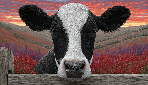Majestic Black and White Cow Grazing on Hillside Pasture at Sunset Near Old Timber Valley Gate