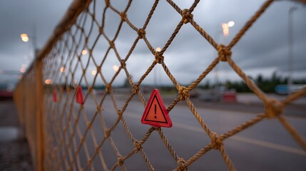 Safety net with red warning signs attached seen up close against a blurred road and evening sky