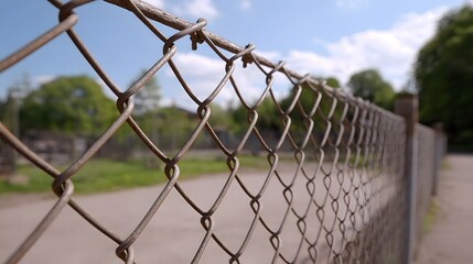 A weathered rusty chain link fence creates a textured foreground against a softly blurred outdoor backdrop of greenery and sky