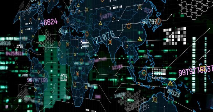 Animation of numbers, icons and world map over black background