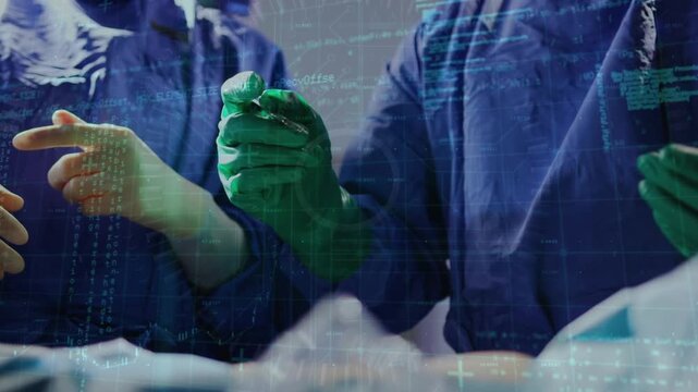 Animation of data processing over caucasian surgeons during surgery