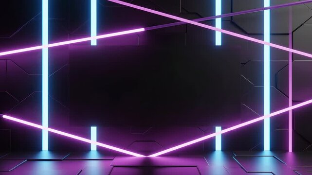 Futuristic neon geometric light installation creating an abstract, dark background for commercial use.