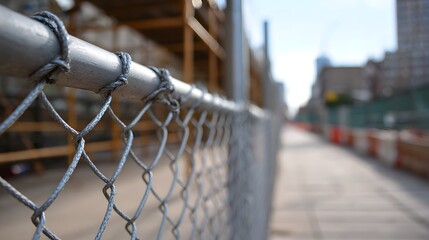 Close up of a chain link fence bordering an urban pathway with construction in the background