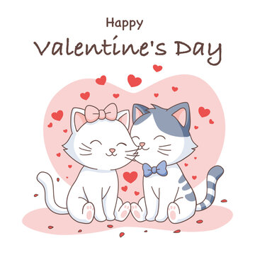 Adorable cartoon cats celebrating Valentine's Day with hearts and sweet sentiment