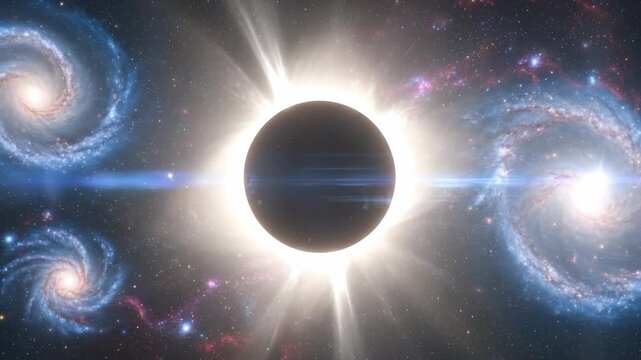 Dramatic space scene featuring a black hole surrounded by swirling galaxies and cosmic dust.