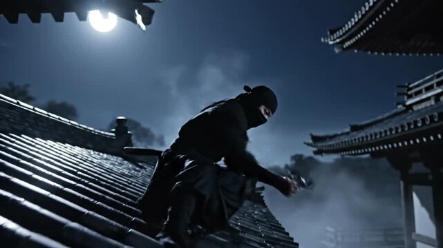 Stealthy ninja in action on rooftop at night