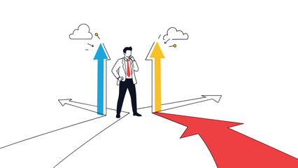 Pensive businessman standing at a crossroads with arrows pointing in different directions while contemplating his next move in a clean minimalist style.