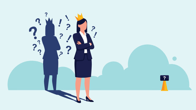 Confident businesswoman wearing a crown and looking ahead while her shadow shows a crown surrounded by symbols of doubt and uncertainty about leadership.