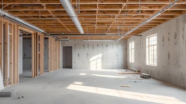 Unfinished residential interior with exposed wooden ceiling beams, concrete walls and natural light entering an empty construction space