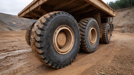 Obraz premium Close up of massive muddy wheels of a heavy duty truck in a quarry