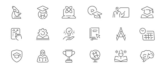 Education and e-learning icons set in line style. Learning, studies concept. College, school signs or symbols