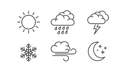 Fototapeta premium Weather icons set illustrating sun rain snow clouds moon and lightning