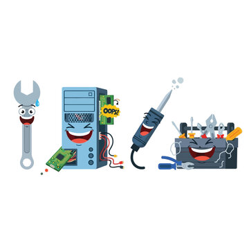 Cartoon characters of computer repair tools and components laughing, including a wrench, a PC tower, a soldering iron, and a toolbox.