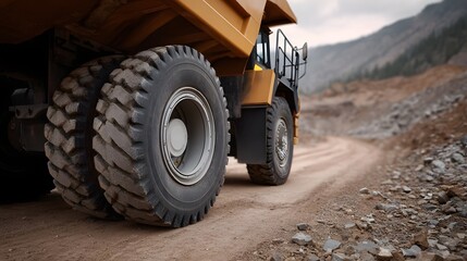 Obraz premium Massive yellow dump truck wheels on a dusty road in a rugged mining ope n