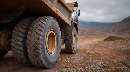 Close up of massive yellow mining truck wheels on a dusty rocky terrain under an overcast sky