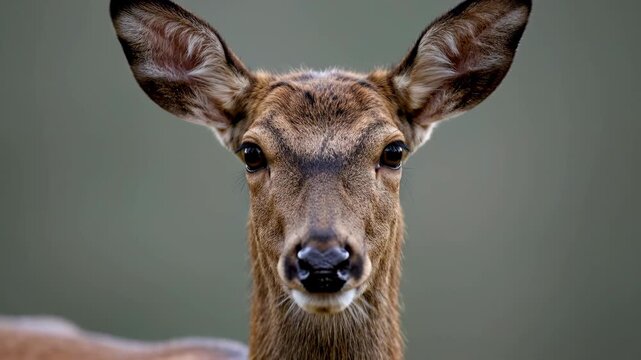 Stunning wildlife portrait of a female deer (doe) staring directly at the viewer, showing detailed fur texture against a soft gray background.