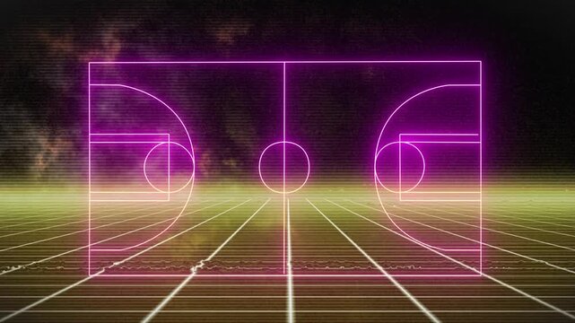 Animation of metaverse grid and smoke with neon sports field