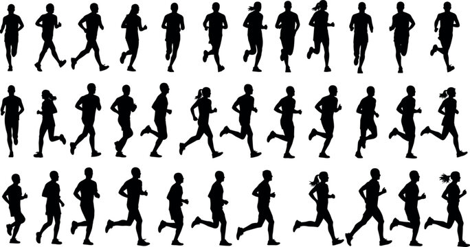 Set of Running Silhouettes Vector Illustration for Sports, Marathon, and Fitness Training Concepts Isolated on White Background