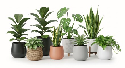 Fototapeta premium Diverse collection of potted houseplants in modern minimalist planters ideal for interior design home decor or office concepts isolated on white background