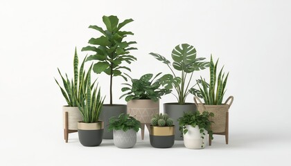 Fototapeta premium A diverse collection of modern indoor house plants in stylish pots perfect for home decor and office interior design isolated on a white background