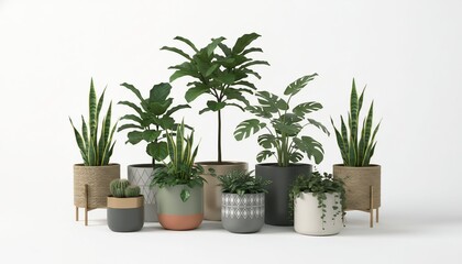 Obraz premium A diverse collection of potted houseplants in modern decorative pots perfect for interior design and home decor concepts isolated on a white background