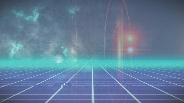 Animation of oval shape with light flare moving over blue grid pattern
