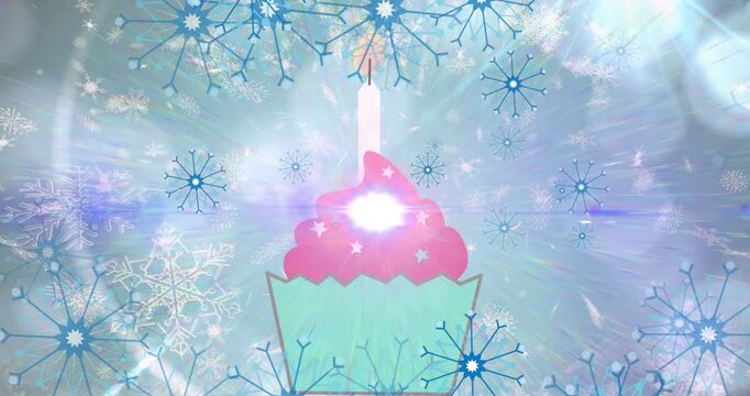 Animation of cake icon over snow falling