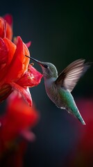 Obraz premium A beautiful hummingbird hovers delicately, feeding on a vivid red flower against a soft, dark background, showcasing nature's elegance.