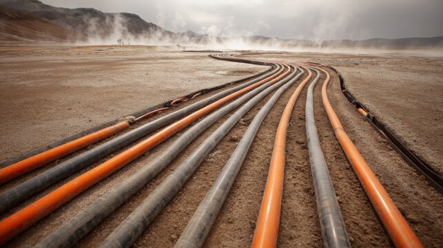Extensive Geothermal Heat Exchanger Pipe Network Across Industrial Landscape with Steam Rising