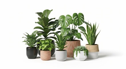 Obraz premium Collection of diverse potted houseplants featuring various green indoor plants in modern pots isolated on a clean white background for design projects
