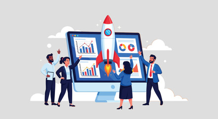 Business professionals analyzing data on large mobile devices with a rocket