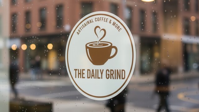 Artisanal coffee shop window sticker featuring steaming heart cup on a rainy urban street