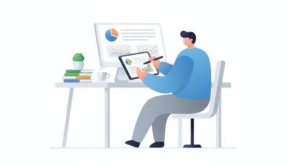Fototapeta premium Man sitting at a desk and actively working on a tablet with a stylus, analyzing charts and graphs for financial reports, business data, and calculating taxes