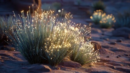 Fototapeta premium Magical Glowing Fiber Optic Like Desert Grass or Small Plants Illuminating the Arid Landscape
