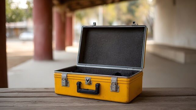 An open yellow metal case with a handle sits on a weathered wooden bench outdoors