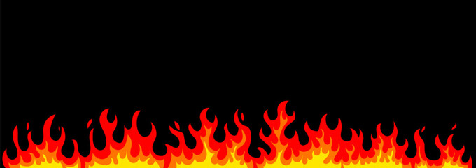 Vector illustration of bright flame border on black background. Red and yellow color burning flame of fire. Flat style design of fire frame