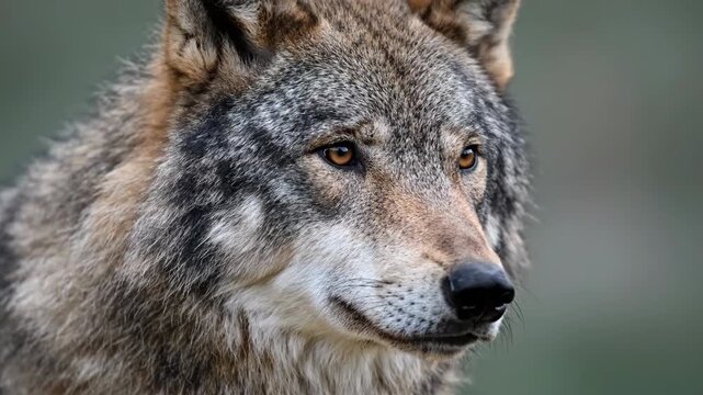 Intense Close-up Portrait of a Majestic Gray Wolf (Canis lupus) Looking Ahead with Piercing Amber Eyes and Detailed Fur Texture Against a Soft Background.
