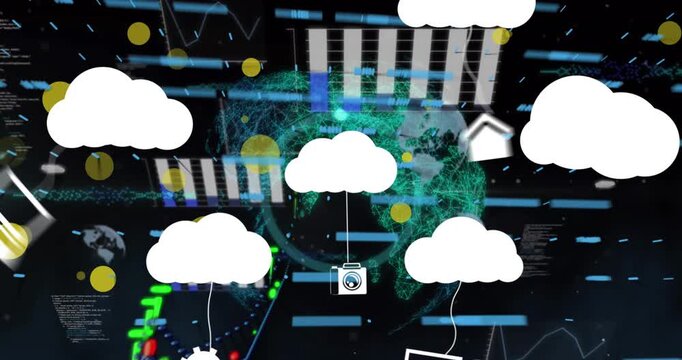 Animation of clouds with icons over data processing on black background