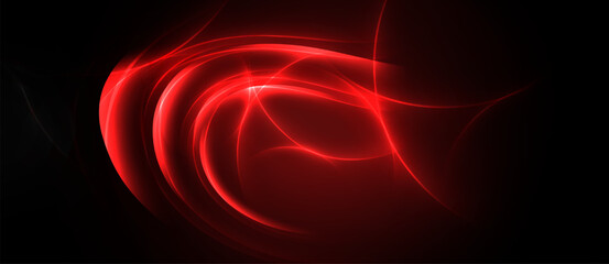 Abstract red swirls, luminous lines against dark background. Dynamic energy, flowing shapes create captivating visual effect.
