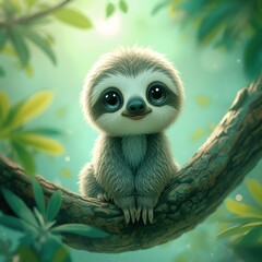 Obraz premium Cute kawaii sloth sitting on a tree branch in a soft green fantasy forest, adorable cartoon animal illustration with dreamy magical atmosphere and gentle lighting.