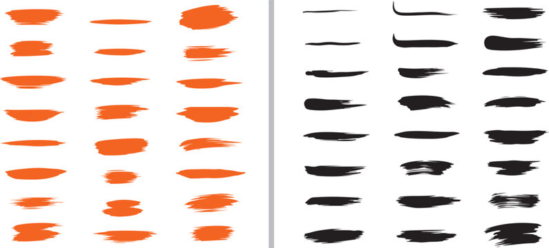 A collection of orange and black hand-drawn vector brush strokes. Features textured ink smears, thin horizontal lines, and thick artistic swatches for creative digital highlighting and design.