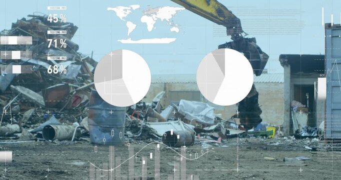 Animation of infographic interface over scrap shearing machine pilling up metal scrap