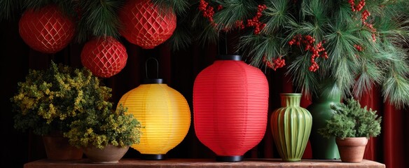 Obraz premium Bright lanterns and bold ornaments dance like fireworks welcoming the new year's festive spirit.