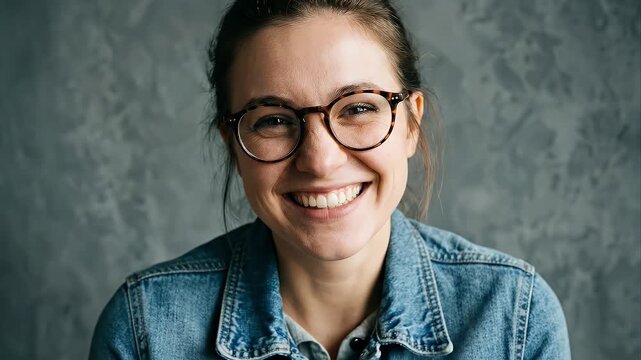 A cheerful young adult woman with tortoiseshell glasses smiles genuinely directly at the camera. Her radiant expression conveys happiness, positivity, and approachability. She is wearing a casual deni