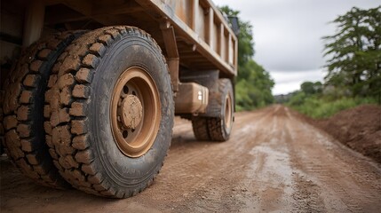 Obraz premium Close up of muddy dump truck wheels on a rough dirt construction road
